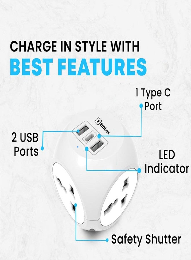 EMBOX محول متعدد المنافذ من إمبوكس مزود بمنافذ USB من النوع C (QC 3.0) ومقابس عالمية ومؤشر LED، وغطاء أمان، ووصلة تمديد مقبس ثلاثي الأطراف، رمادي - Image 3